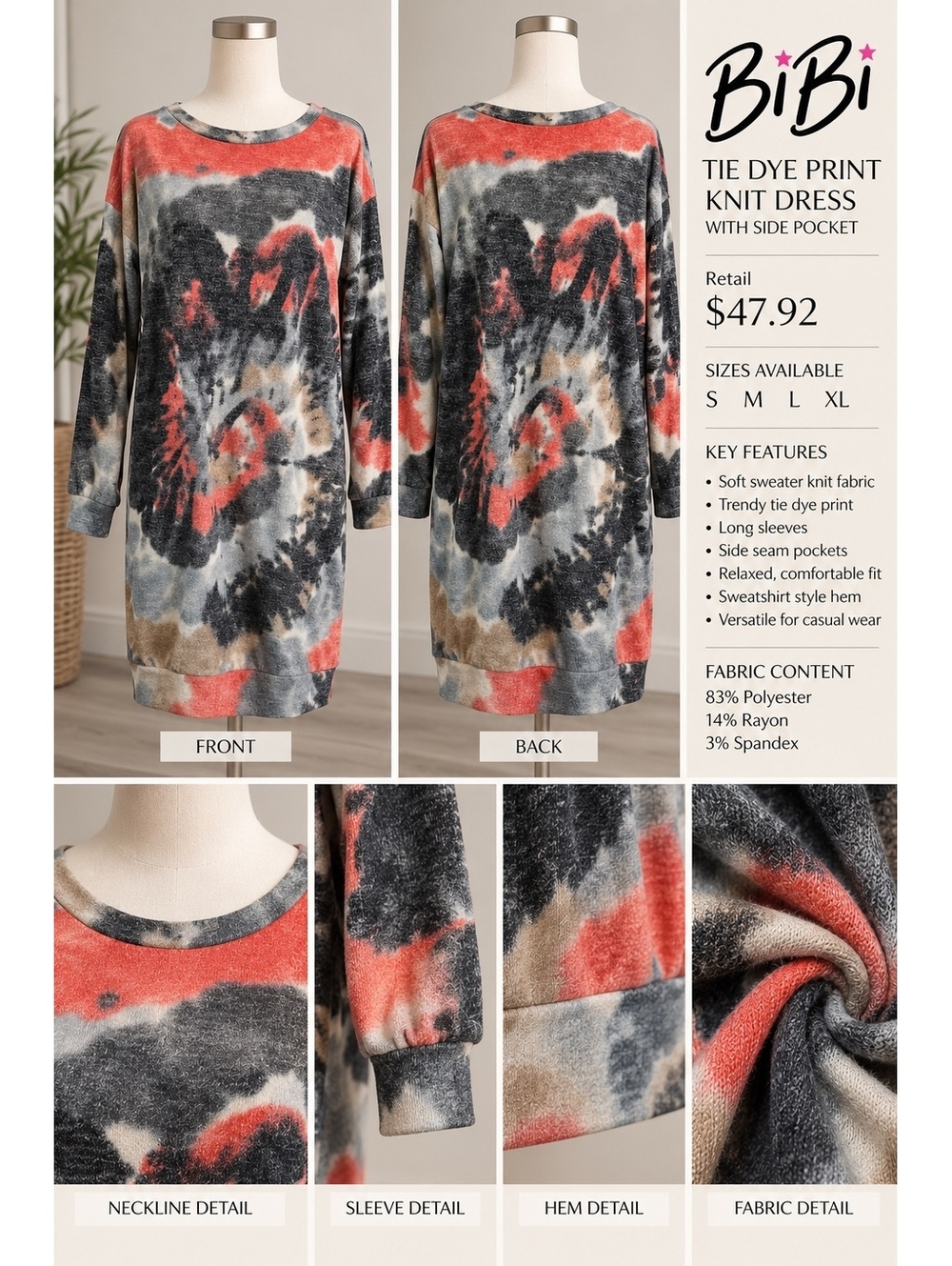 BiBi Tie Dye Knit Dress with Side Pocket - S/M/L